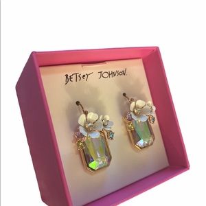 Betsy Johnson Flower Rectangle Stone Drop Earrings